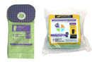 A 454-liter vacuum micro filter bag shown next to its retail packaging. The bag is light green with a purple and blue patterned top section.