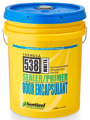 A 5-gallon yellow bucket of Sentinel Formula 538 White Sealer/Primer Odor Encapsulant with a blue lid, shown on a white background.